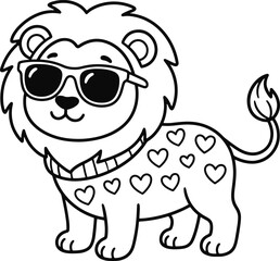 Naklejka premium Cute cartoon lion wearing sunglasses with heart patterns illustration