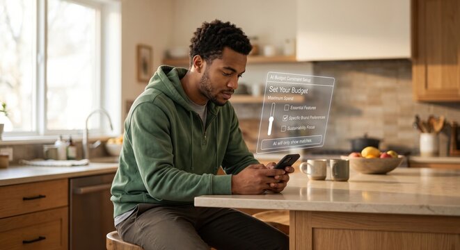 African American man setting budget constraints and brand preferences on smartphone with holographic AI assistant in kitchen