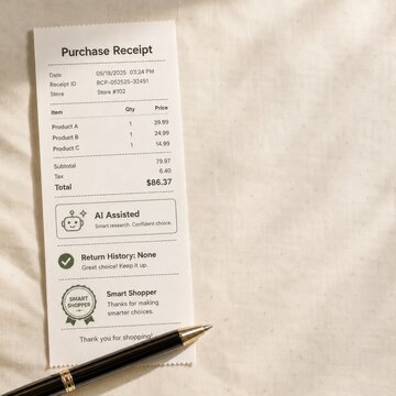 Printed purchase receipt with AI assisted smart shopper badge and pen on fabric background for confident buying