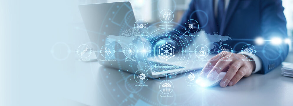 Research scientist working on laptop, nanotechnology and molecular engineering. Microscopic material science and laboratory research. Advanced tech development at the atomic level.