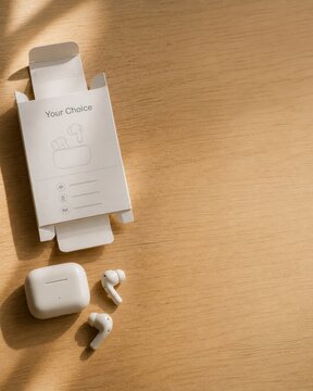 Unboxed wireless earbuds with charging case and packaging box on wooden desk for AI shopping right choice