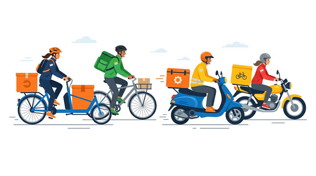Diverse couriers delivering packages on bicycles and motorbikes