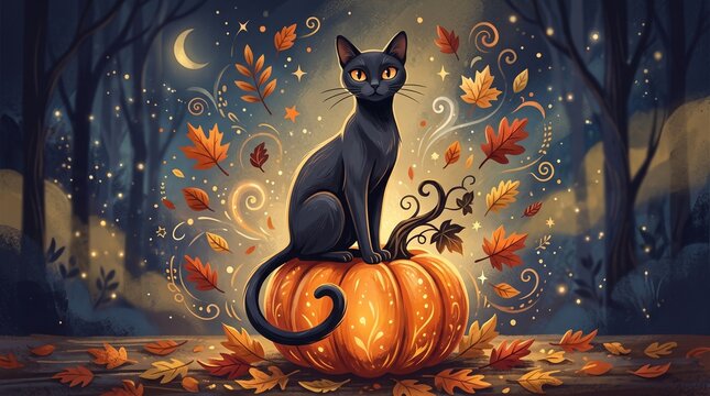 Black cat sitting on a pumpkin surrounded by autumn leaves and moonlight  