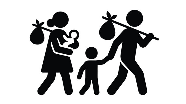 Refugee family carrying belongings while walking together to seek safety as a group of displaced people in a simple black silhouette vector style graphic illustration