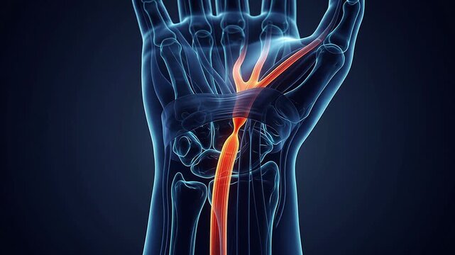 3D Medical Illustration of Human Hand X-Ray Showing Inflamed Median Nerve and Carpal Tunnel