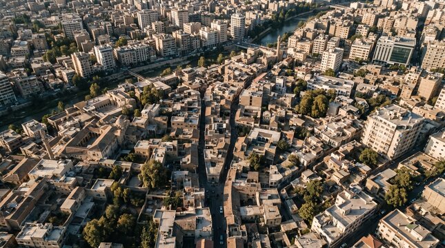 Aerial view of sprawling city river