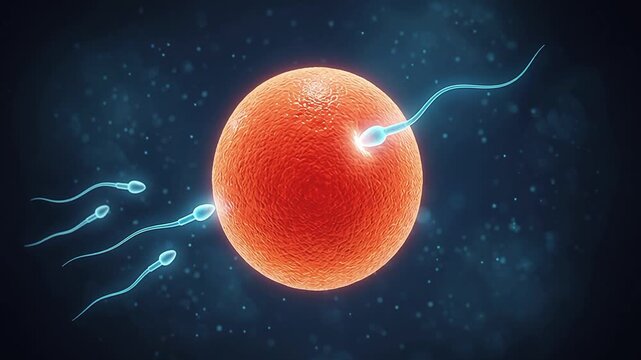 Sperm Cells Swimming Towards and Fertilizing Human Egg Ovum - 3D Animation Blue Background