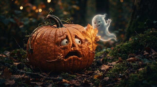 Scared carved pumpkin looking at a cute floating ghost inside a dark forest.