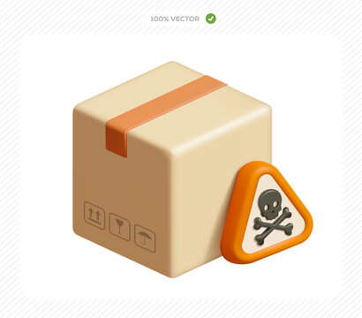 3d isometric vector cardboard box with skull and crossbones symbol inside a orange triangle