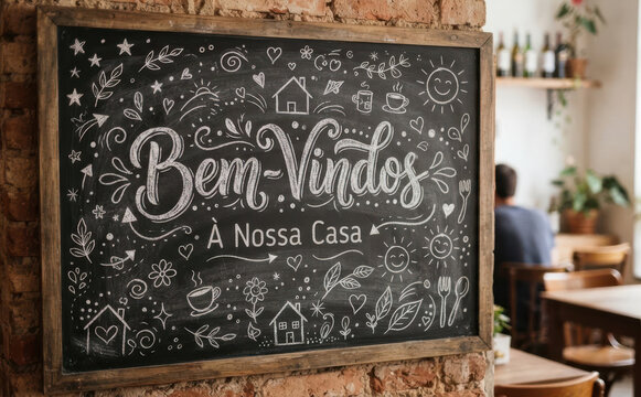Bem-Vindos a Nossa Casa lousa decorada artesanal para recepcao de clientes e convidados em ambiente rustico