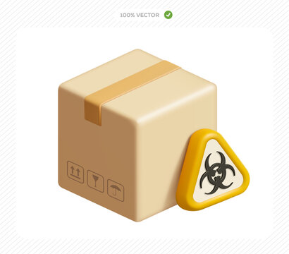 3d isometric vector cardboard box with biohazard symbol inside a yellow triangle