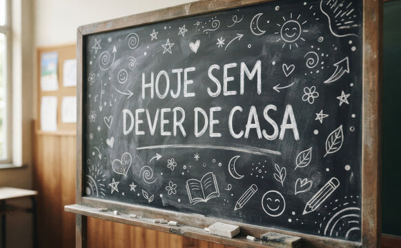 HOJE SEM DEVER DE CASA - Lousa escolar com mensagem positiva sobre ausencia de tarefas e educacao infantil