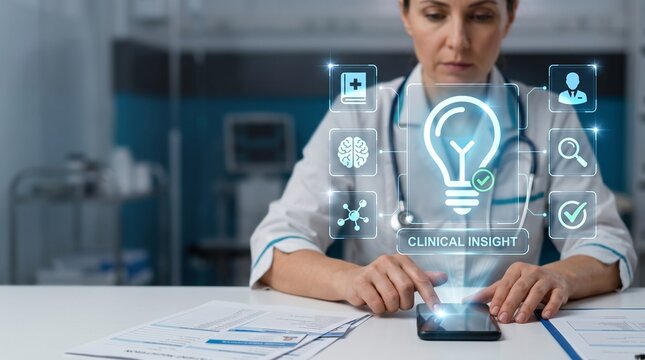 Female Doctor Using AI Clinical Insight Tool on Smartphone for Instant Evidence-Based Decision Support