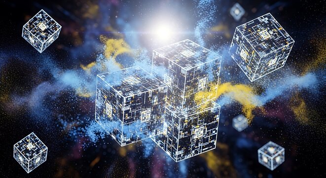Abstract digital cubes floating in space with glowing blue and yellow nebula light effects.