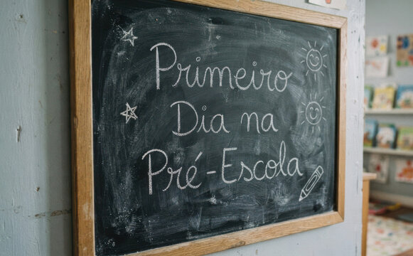 Primeiro dia na pre escola escrito em lousa com giz para conceito de educacao infantil e volta as aulas