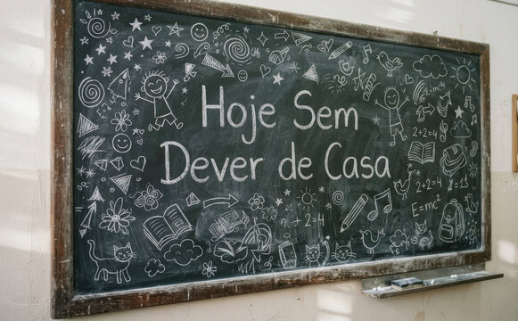 Hoje Sem Dever de Casa - Lousa escolar com mensagem positiva e desenhos educativos para criatividade e educacao infantil