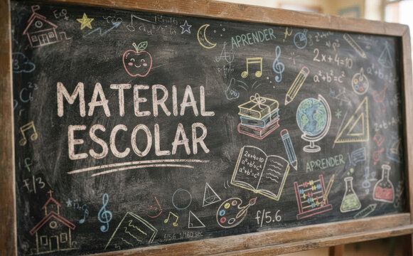 MATERIAL ESCOLAR lousa negra com desenhos de educacao escola e aprendizado