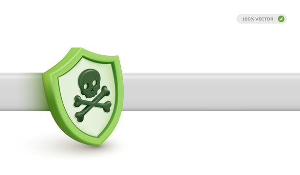3D shield security icon with skull and crossbones symbol inside a green shield