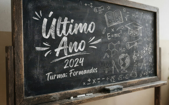 Ultimo Ano 2024 Turma Formandos no quadro negro com desenhos escolares e educacao