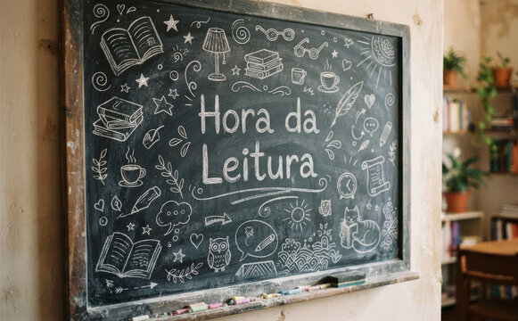 Hora da Leitura lousa escolar com desenhos em giz para educacao infantil e conceitos de estudo