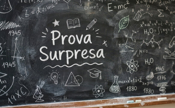 Prova Surpresa escrito no quadro negro com formulas de matematica e fisica para avaliacao escolar e testes