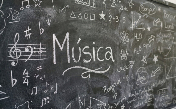 M&uacute;sica escrita em lousa com notas musicais e f&oacute;rmulas educacionais para conceito escolar