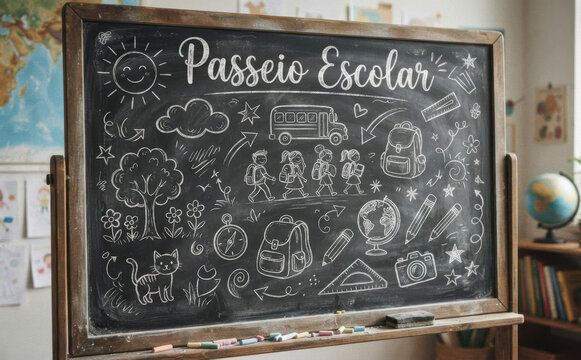 Passeio Escolar escrito em lousa com desenhos infantis de alunos e material escolar para educacao
