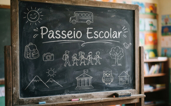 Passeio Escolar escrito no quadro negro com desenhos infantis representando excursao de alunos