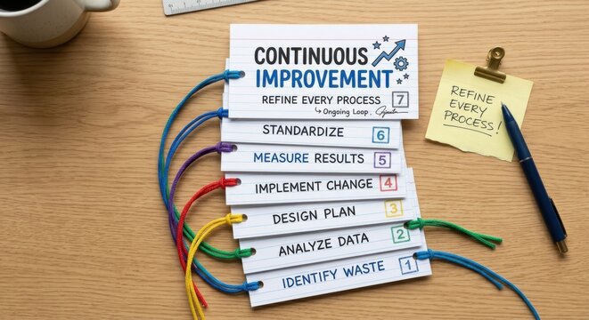 Continuous Improvement Process Cards Connected by Color on Wooden Surface