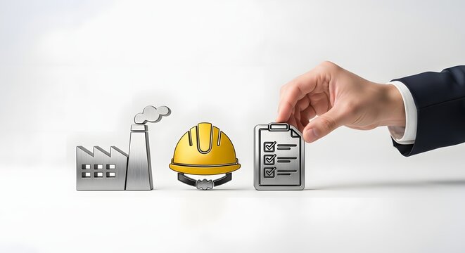 Industrial safety and compliance checklist with factory and hard hat icons representing workplace standards and regulations