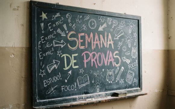 SEMANA DE PROVAS - Quadro negro escolar com formulas cientificas e estudos para exames e avaliacoes