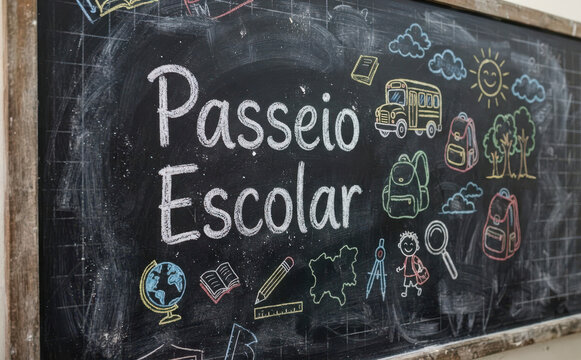 Passeio Escolar escrito em lousa com desenhos infantis de giz para educacao e escola