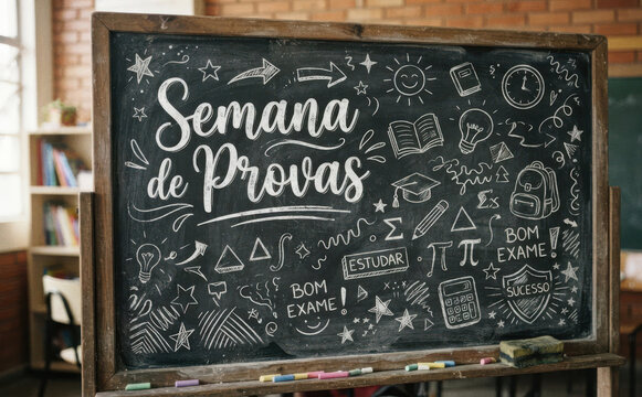 Semana de Provas - Quadro negro escolar com desenhos educativos para avaliacoes e exames