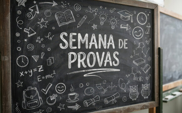 SEMANA DE PROVAS lousa com desenhos escolares para avaliacao escolar e testes