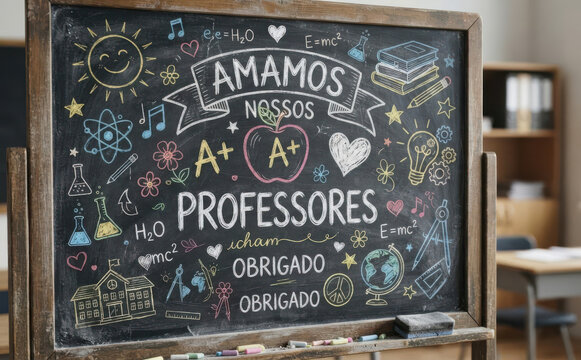 Amamos Nossos Professores. Quadro-negro com mensagens de agradecimento e desenhos escolares para o dia dos professores.