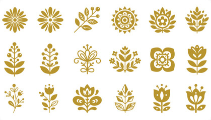 Scandinavian folk floral icons, 18 gold botanical vector elements, minimalist nordic flower motifs for wedding stationery and branding © sabbir