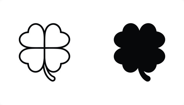 Four leaf clover icons in outline and silhouette styles. Lucky shamrock vector set for St. Patrick's Day. Black clover leaf symbols on white.