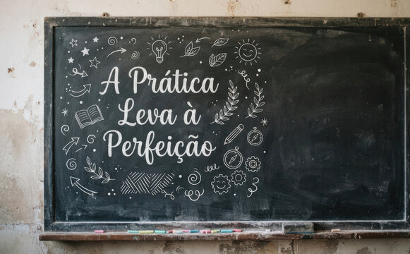 A Pratica Leva a Perfeicao escrito em lousa negra. Educacao e aprendizado