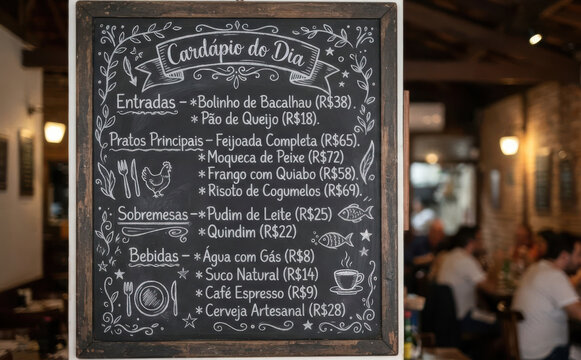 Card&aacute;pio do Dia - Quadro negro com menu de restaurante brasileiro, gastronomia e culin&aacute;ria t&iacute;pica para projeto