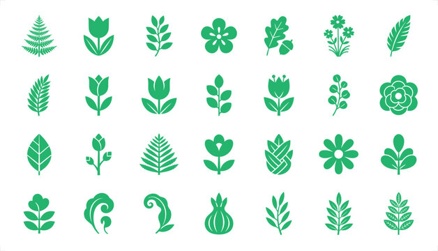 Minimalist green botanical icons, set of 28 flat floral symbols. Nature leaf and flower silhouettes, organic plant vector elements for branding.