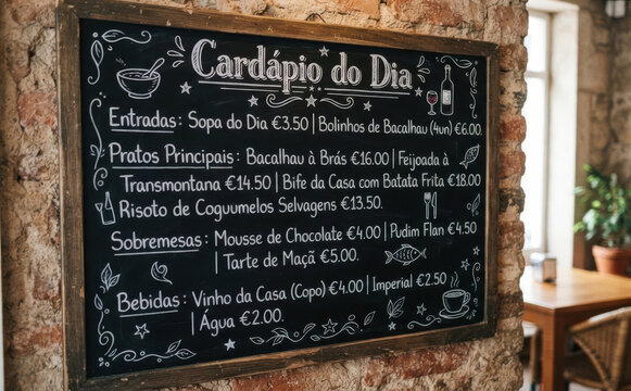 Card&aacute;pio do Dia menu escrito em quadro negro em restaurante r&uacute;stico portugu&ecirc;s para gastronomia
