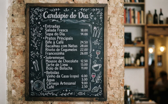 Card&aacute;pio do Dia - Quadro negro com menu de restaurante em giz, gastronomia e culin&aacute;ria para design de card&aacute;pios e publicidade