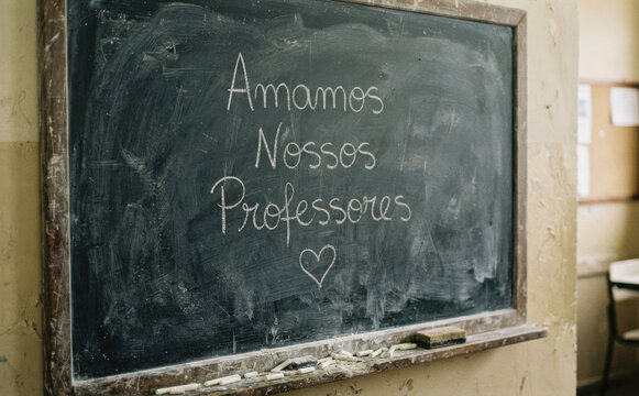 Amamos Nossos Professores. Mensagem de carinho e homenagem aos educadores em lousa escolar. Conceito de educacao