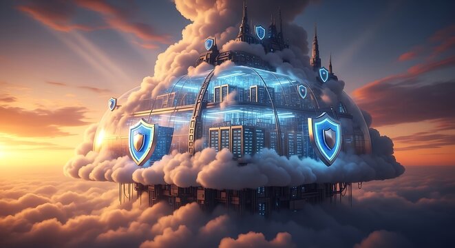 Futuristic cloud computing fortress with digital security shields in the sky at sunset