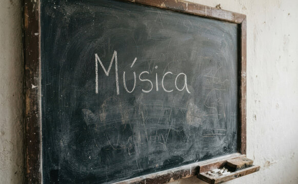 M&uacute;sica escrita com giz em quadro negro escolar representando educa&ccedil;&atilde;o art&iacute;stica e aulas