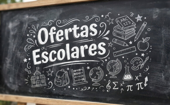 Ofertas Escolares quadro negro volta as aulas promocao de materiais educacionais e escolares