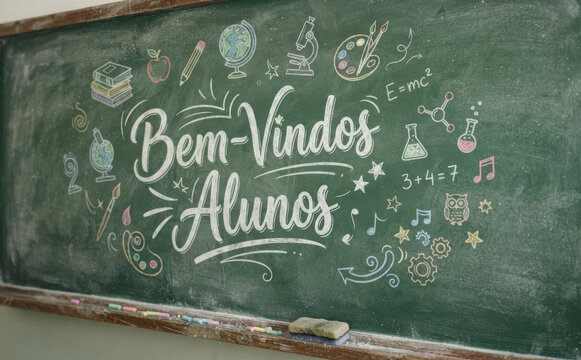 Bem-Vindos Alunos escrito em lousa verde com desenhos escolares para volta as aulas