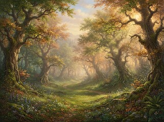 Obraz premium A beautiful sunlit forest scene with ancient trees and lush green vegetation in a magical woodland landscape.
