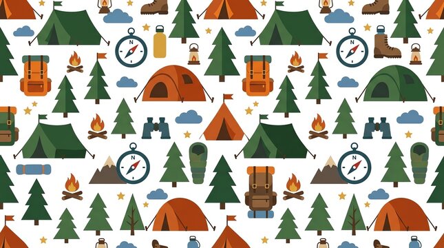 Seamless pattern with camping gear, tents, backpacks and campfires