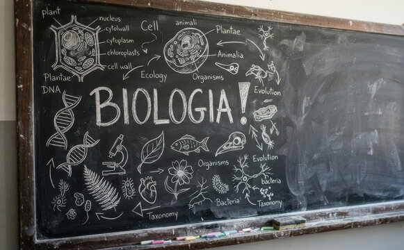 BIOLOGIA! Conceito de ciencias naturais e educacao com desenhos na lousa escolar paraestudo